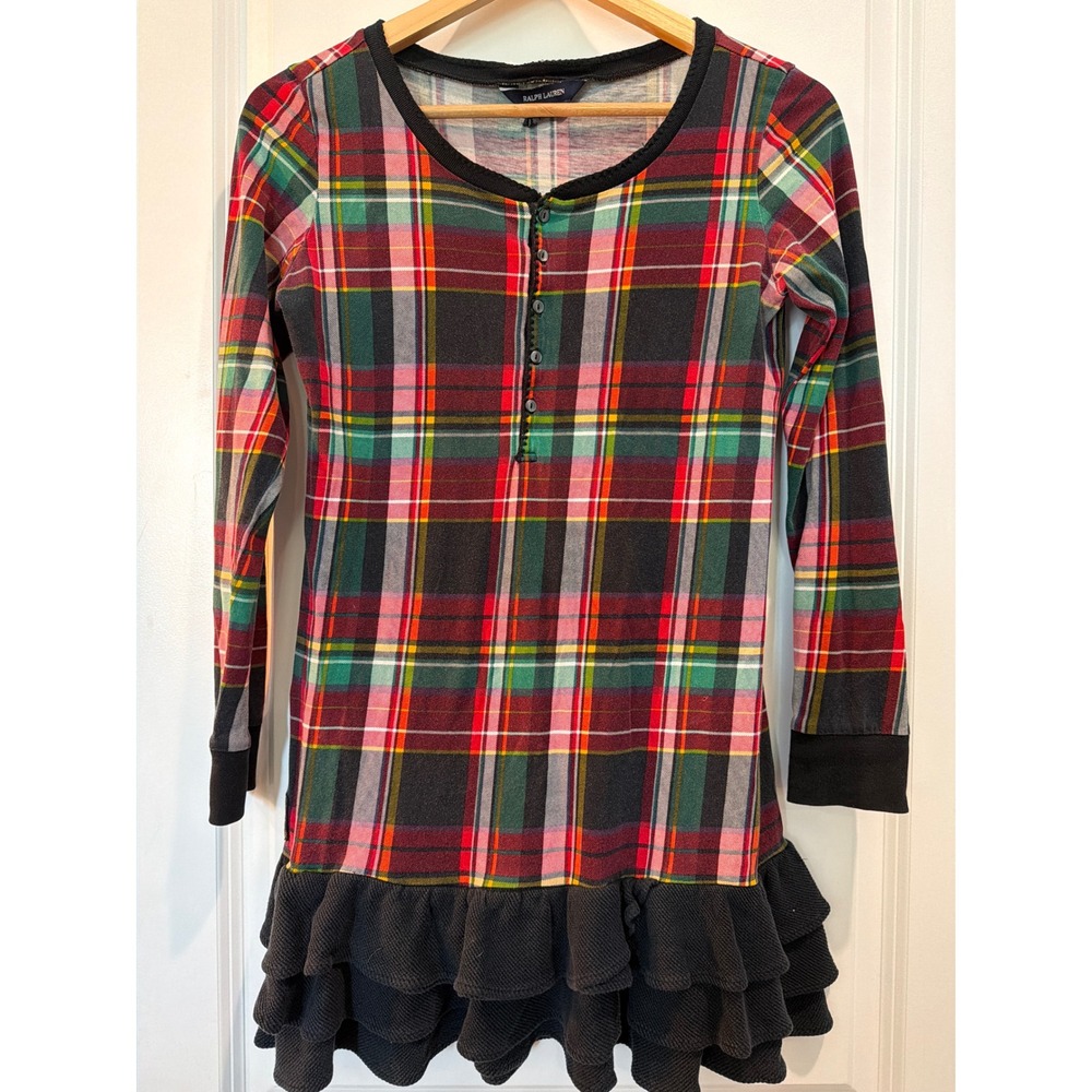 Ralph Lauren Kids Plaid Henley Ruffle Dress Red Green Tartan L 12/14